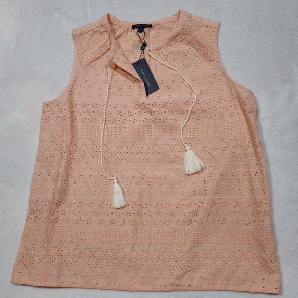 Tommy Hilfiger ✦ Peach Blouse ✦ Eyelet Embroidery Tassel Tie Sleeveless L NWT - Picture 9 of 16